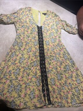 Topshop Yellow Floral Dress with Black Lace-Up Front